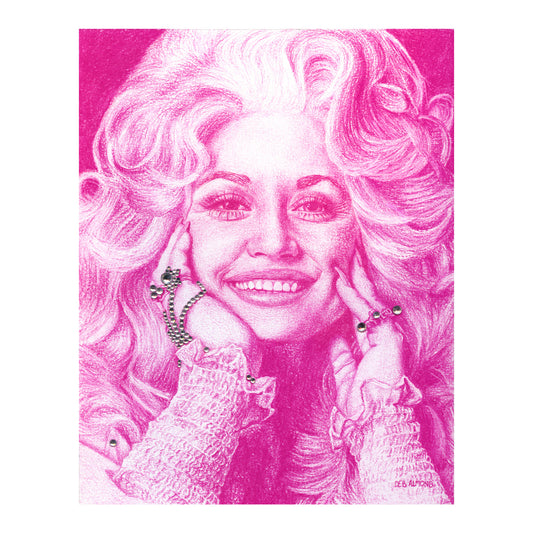 Portrait of Dolly Parton in vibrant pink pencil pastel with rhinestone embellishment.