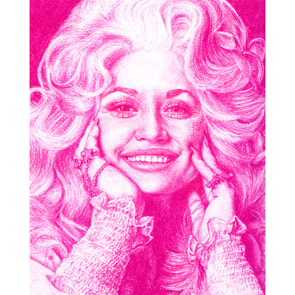 Portrait of Dolly Parton in vibrant pink pencil pastel.