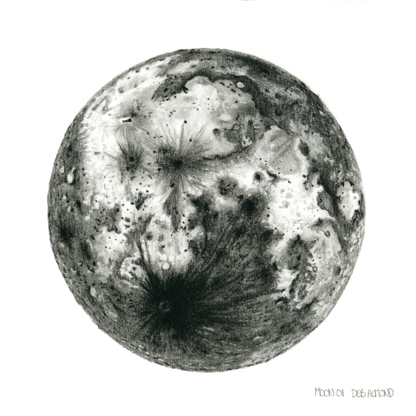 Drawing of the moon in black pastel pencil on white paper.