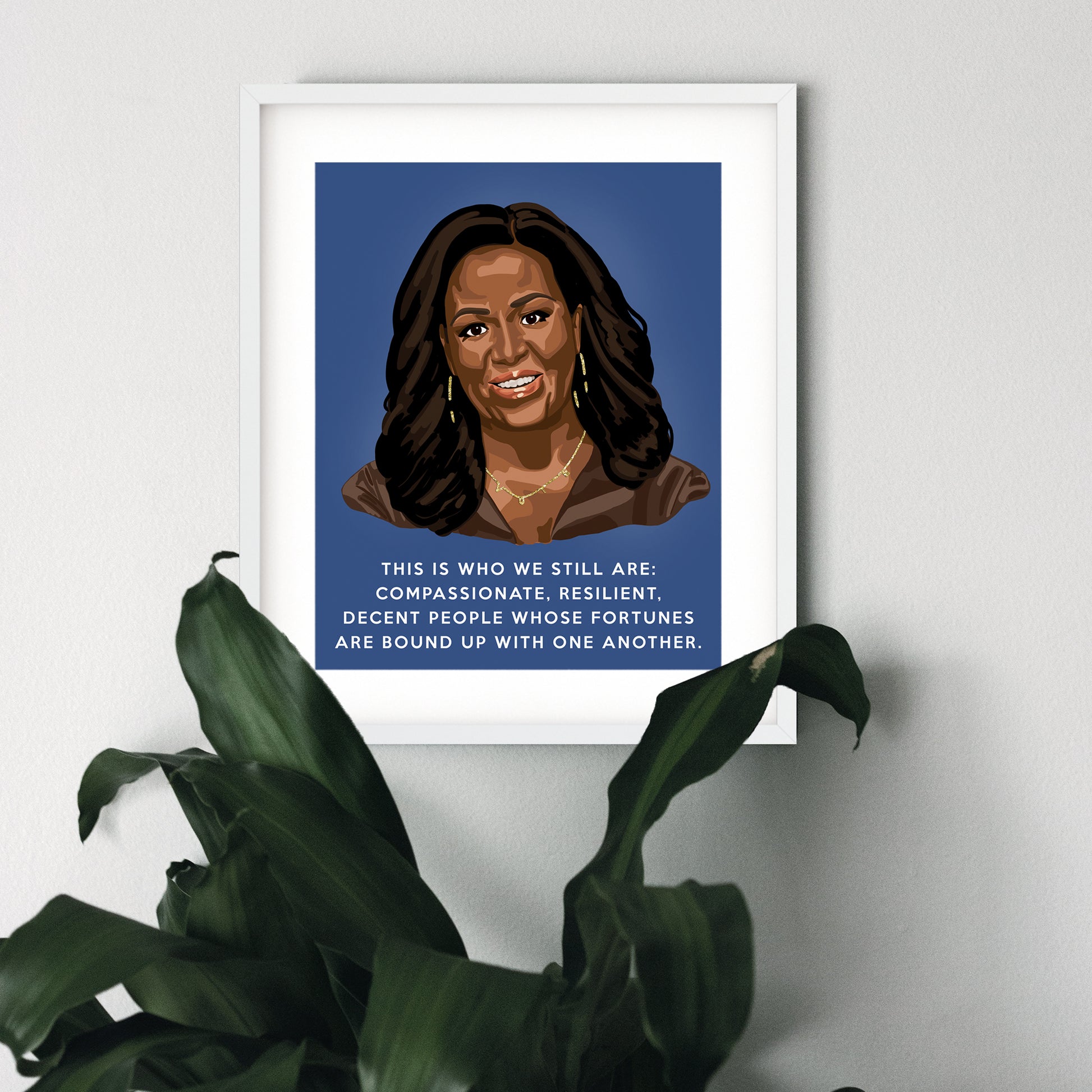 Michelle Obama portrait feat. 'This Is Who We Are' quote, white frame with mat - Candid Almond