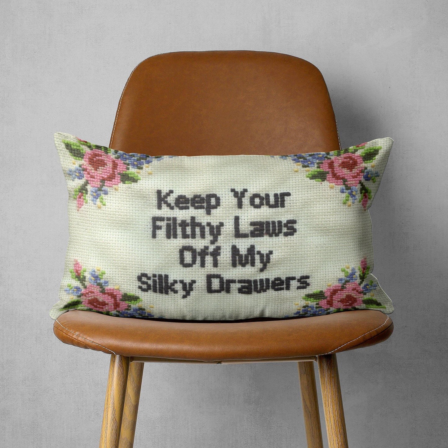 'Keep Your Filthy Laws Off My Silky Drawers' Throw Pillow - Candid Almond