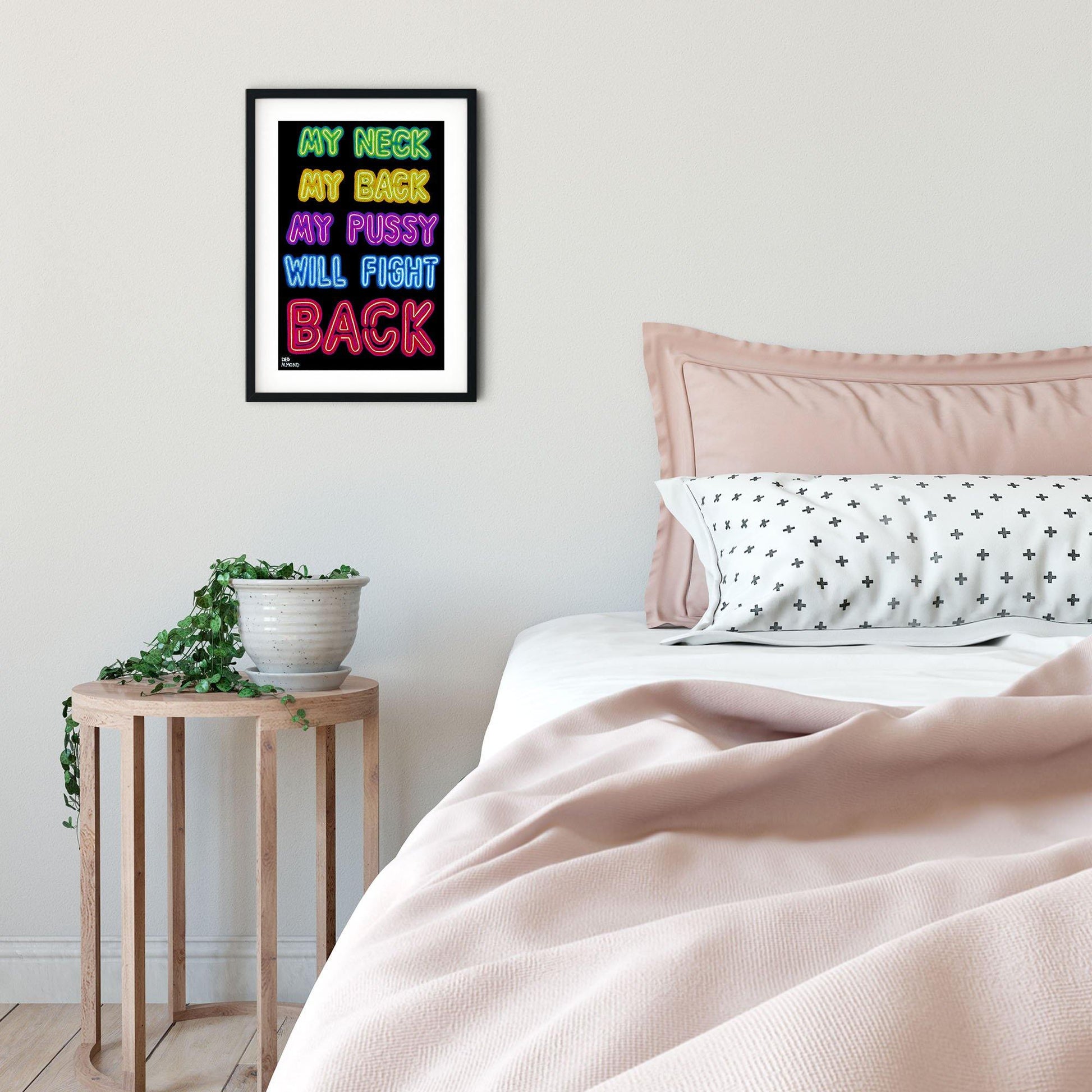 'My Neck, My Back' neon protest sign, framed scene - Candid Almond