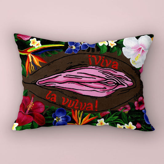 '¡Viva La Vulva!' (Black) Body Positive Throw Pillow - Candid Almond