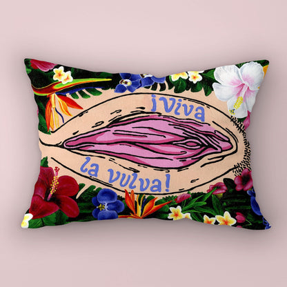 '¡Viva La Vulva!' (White) Body Positive Throw Pillow - Candid Almond