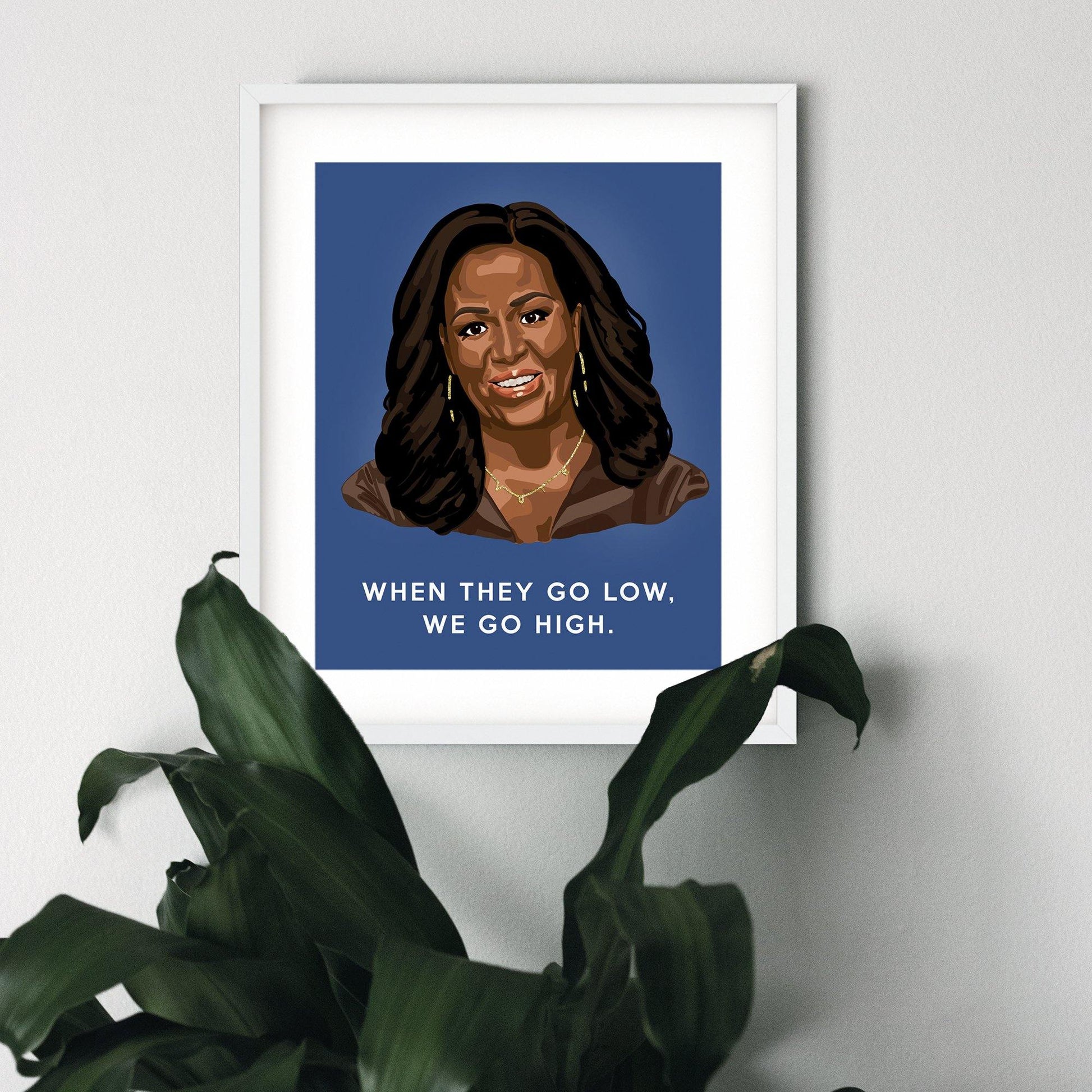 Michelle Obama portrait feat. 'When They Go Low' quote, white frame with mat - Candid Almond