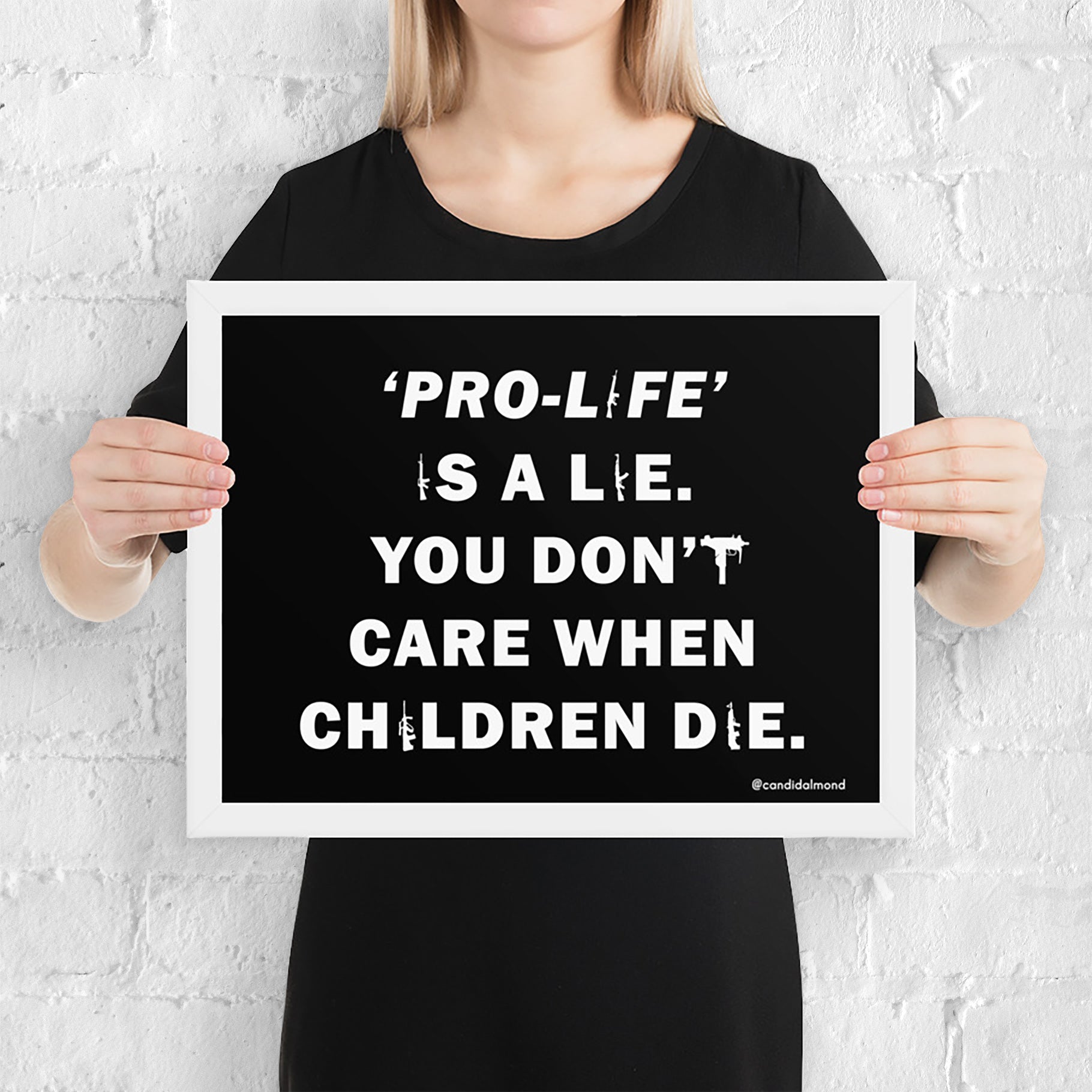 Abortion rights and gun control protest poster, white frame, size 16" x 12"