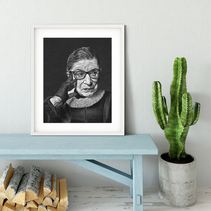 Ruth Bader Ginsburg art print, white frame with mat - Candid Almond