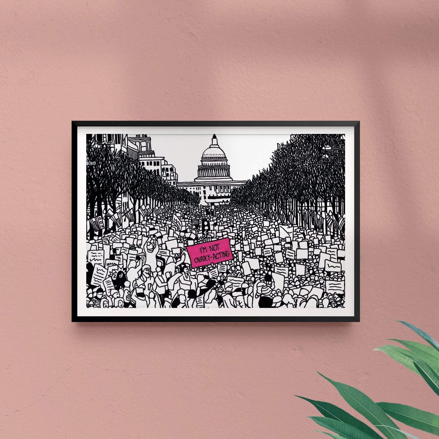Feminist art print of Women’s March in Washington, DC, framed scene - Candid Almond