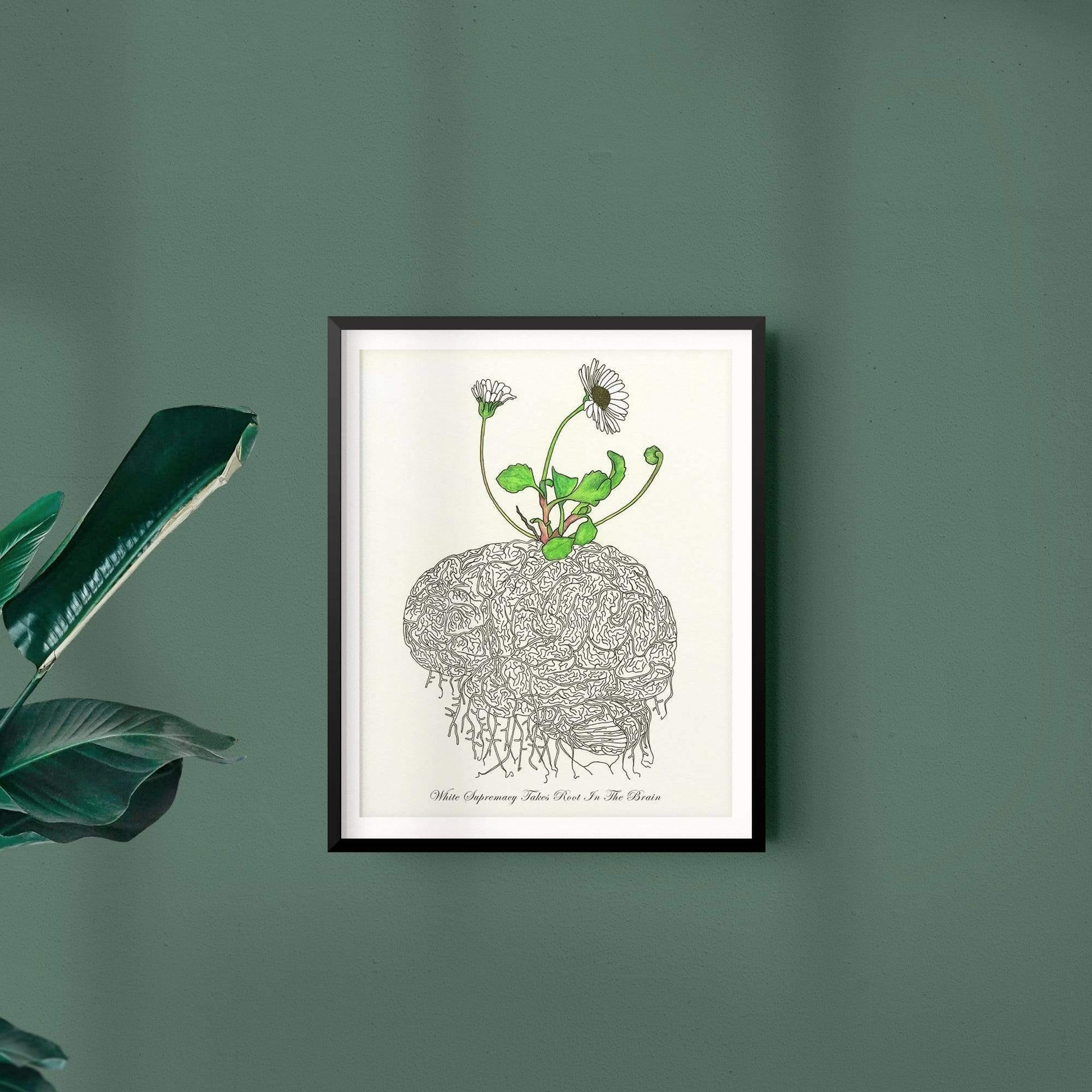'Brain & Daisies' art print, framed scene - Candid Almond