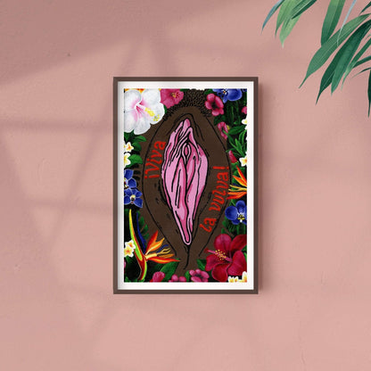 '¡Viva La Vulva!' art print in black skin tone, framed scene - Candid Almond